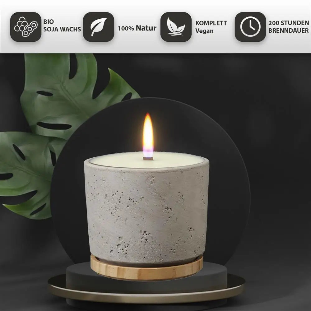 Duftkerze XXL Kerze im Keramik Topf mit Holz Fuss aus Bio