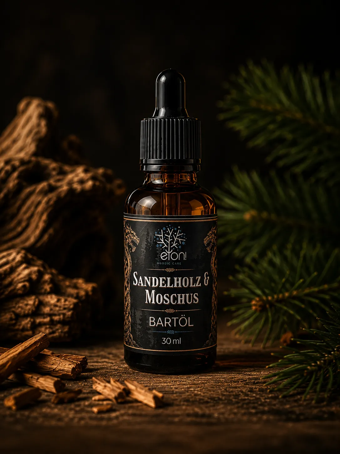 Braunglasflasche mit Pipette: Bartöl Sandelholz & Moschus, 30 ml