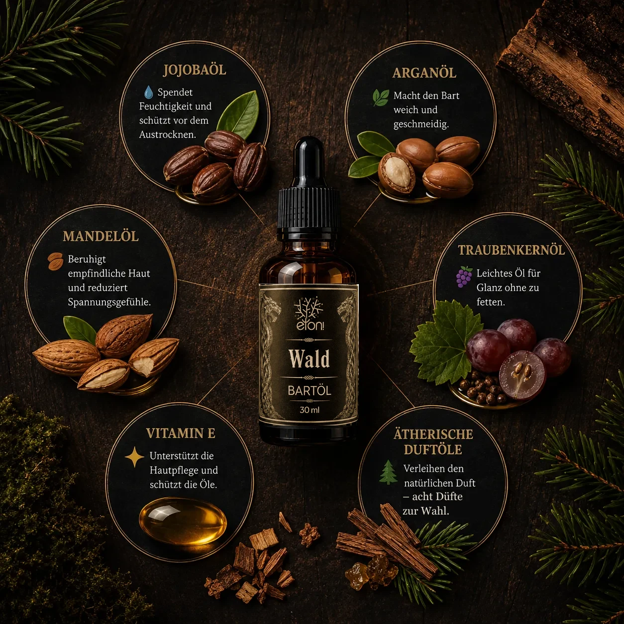 Die sechs Inhaltsstoffe des Bartöls: Jojobaöl, Arganöl, Mandelöl, Traubenkernöl, Vitamin E und Duftöle