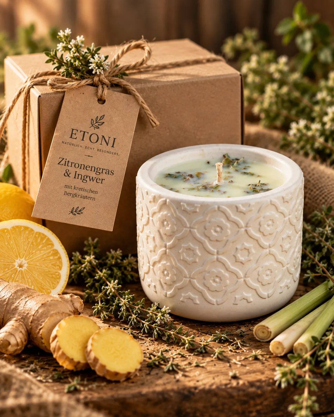Die Kerze mit etoni-Geschenkverpackung und handgeschriebenem Anhänger