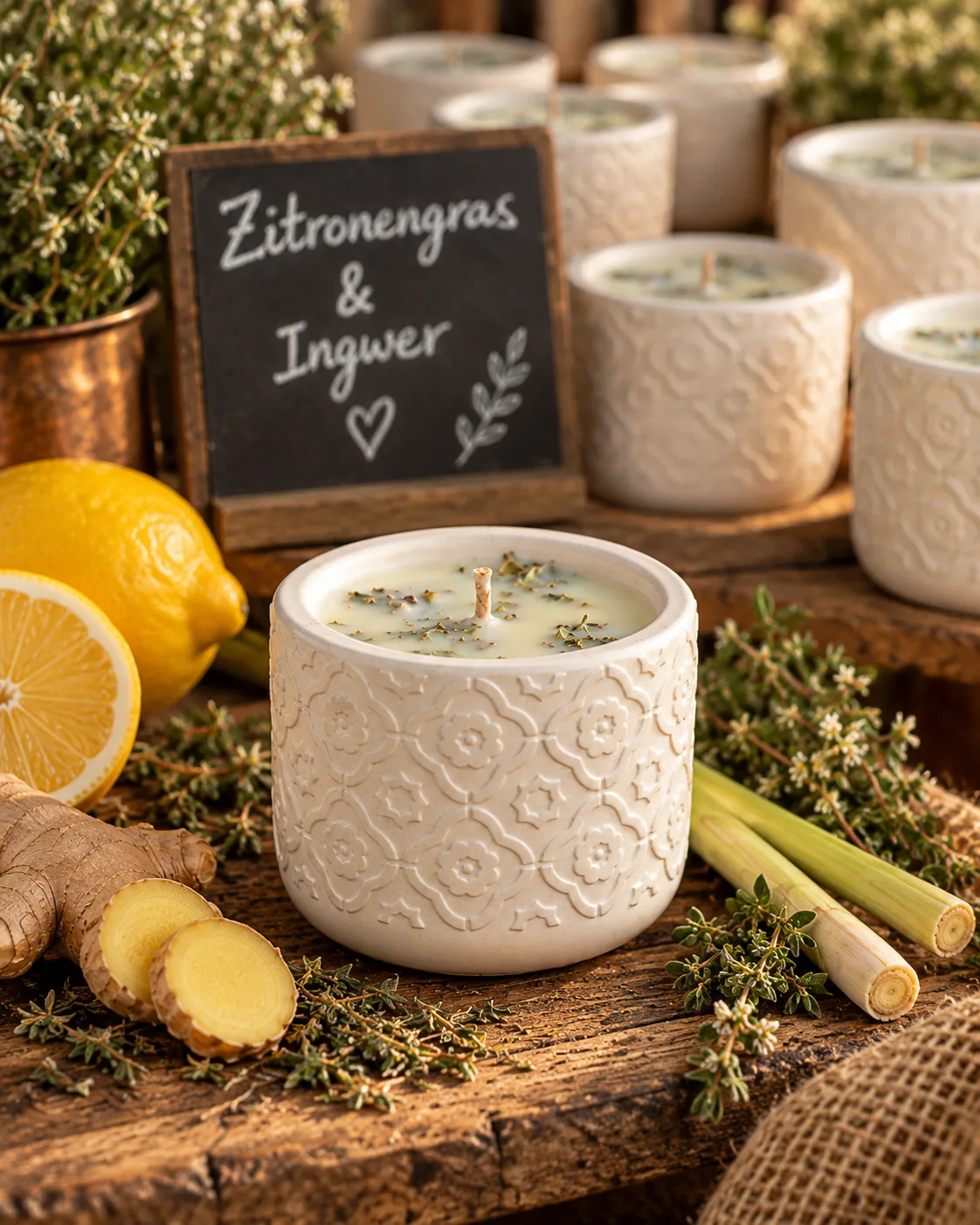 Mehrere Kerzen der Sonderedition am Marktstand mit beschrifteter Tafel